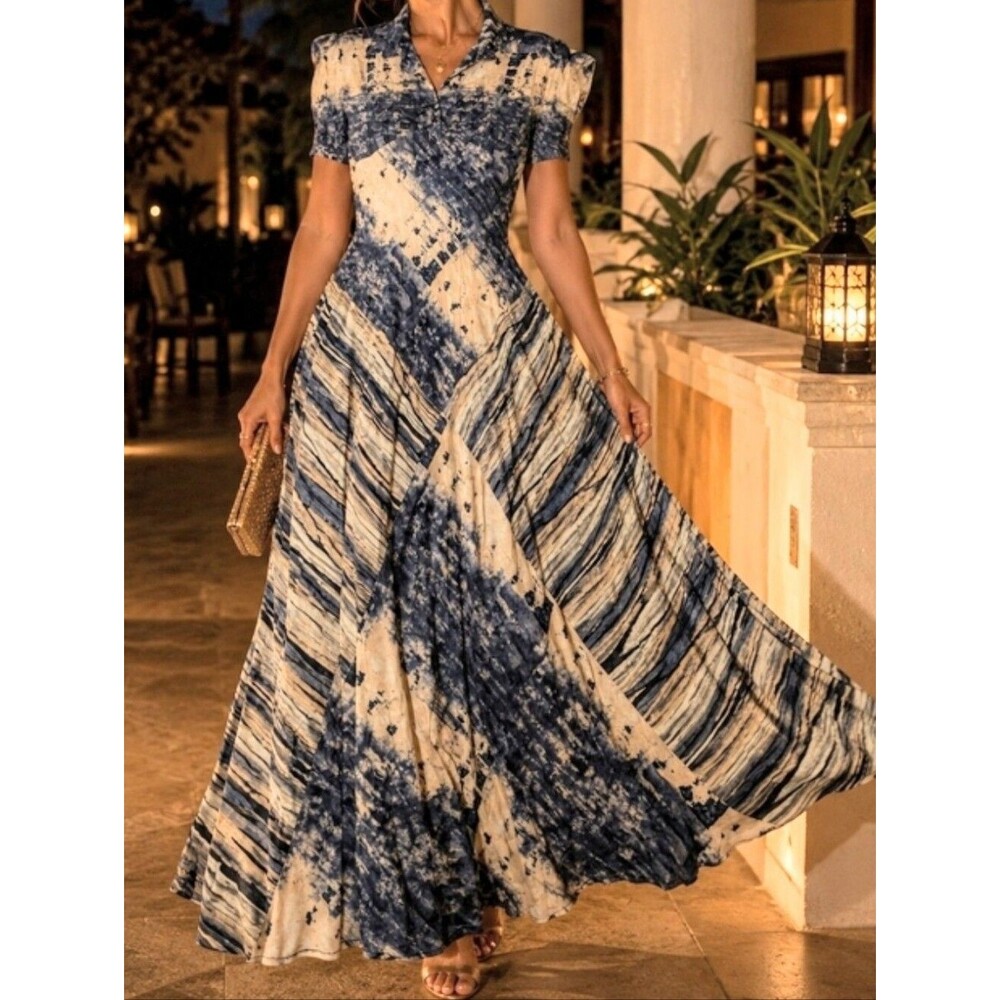 Vintage Saint Tropez West Dress 6/8 Blue Beige Abstract Art To Wear Maxi